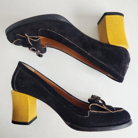 Fendi Austen Black Suede Leather Loafer Pumps, Slip-On W/Stacked Yellow Heel 37 - Picture 7 of 16